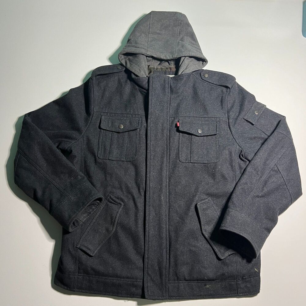 Levis Jacket Mens XL Black Wool Blend Hooded Military Field Camo Lined Pea Coat